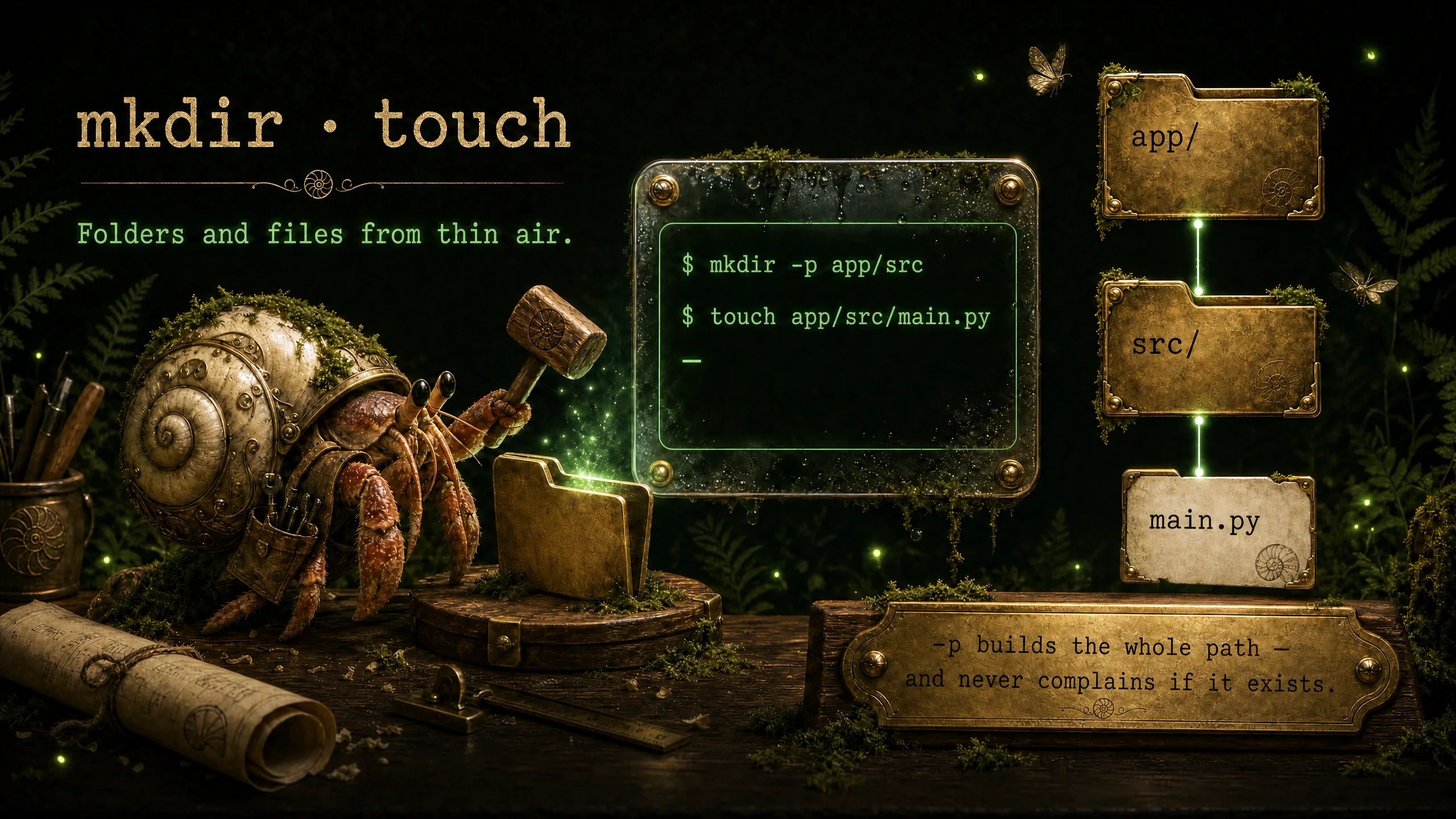 mkdir and touch — growing new folders and files in the tree