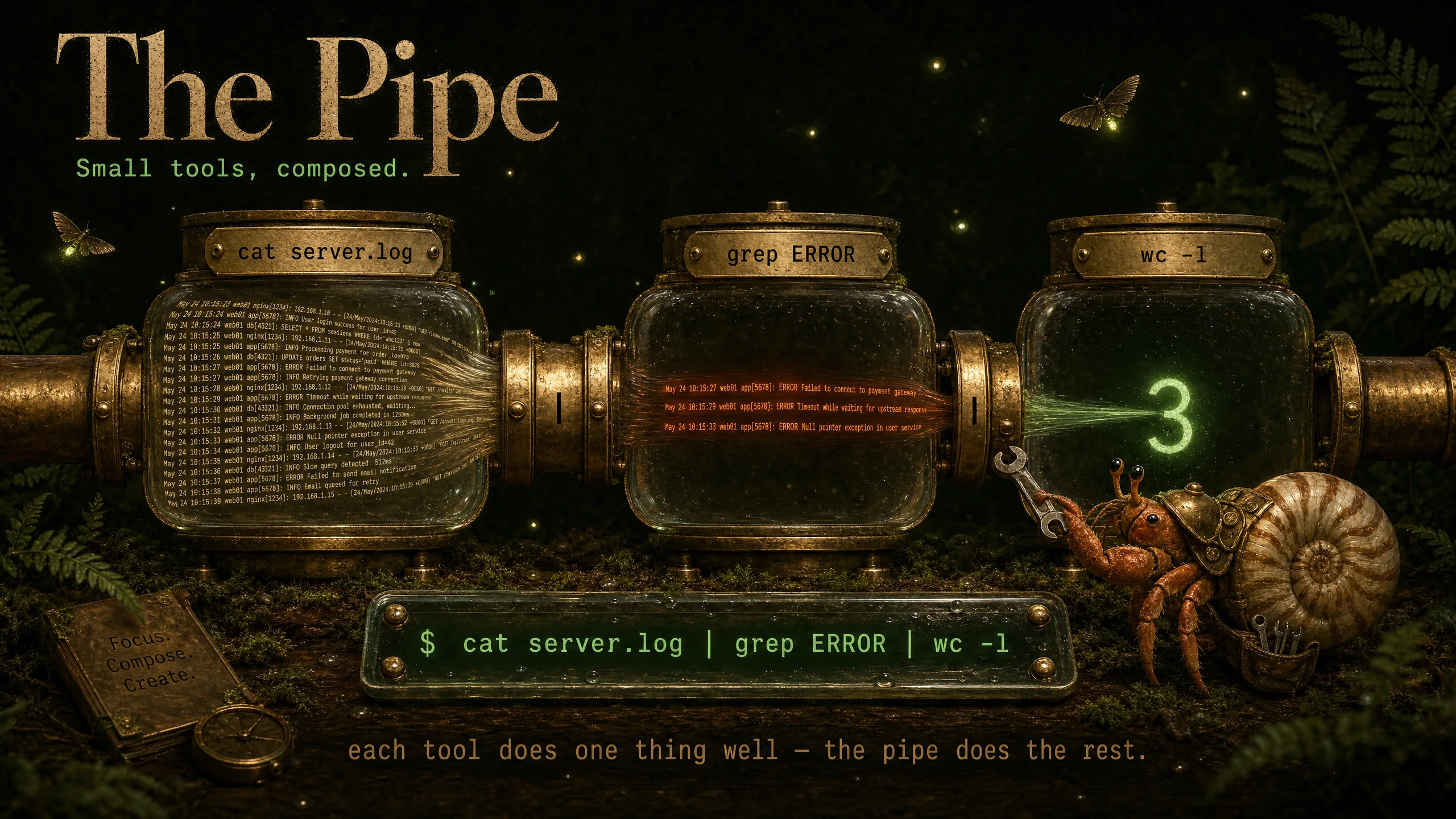 Pipes — the output of one command flowing directly into the next