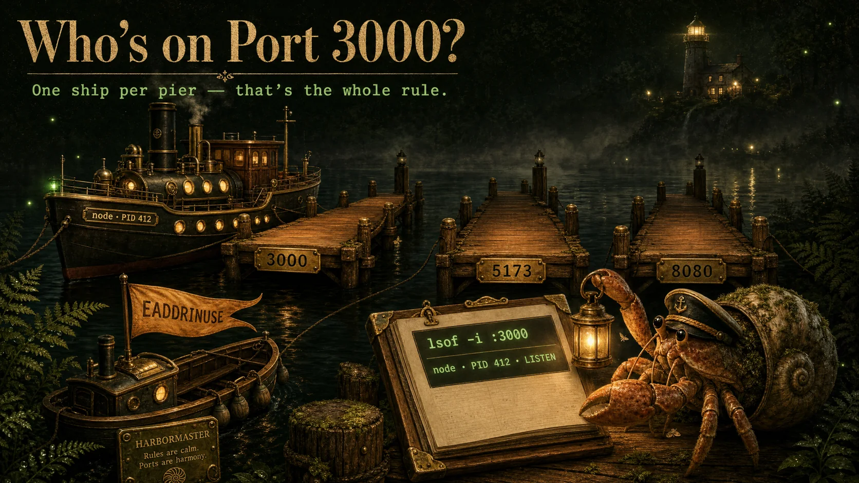 A night harbor: one steamship moored at pier 3000, a second boat flying an EADDRINUSE flag