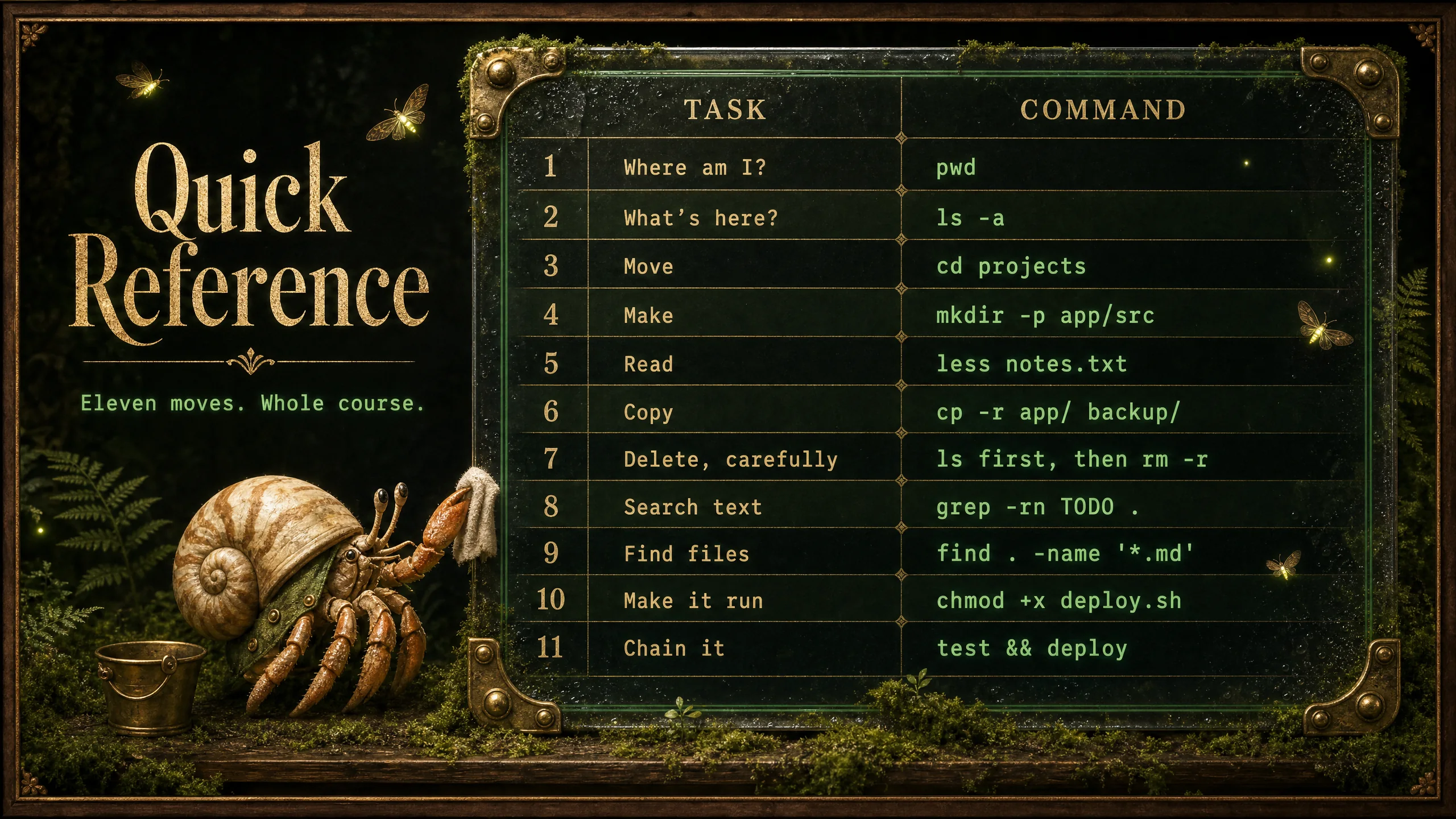 Quick Reference Card — the essential terminal commands, one dense table