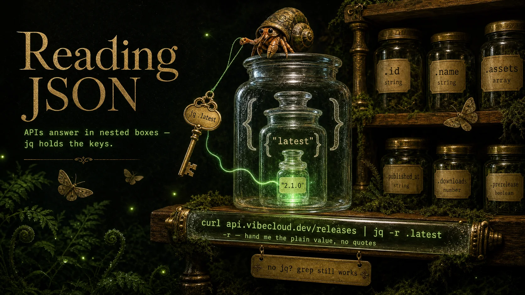 Nested glass apothecary jars, a brass key labelled jq .latest lowering toward the innermost vial