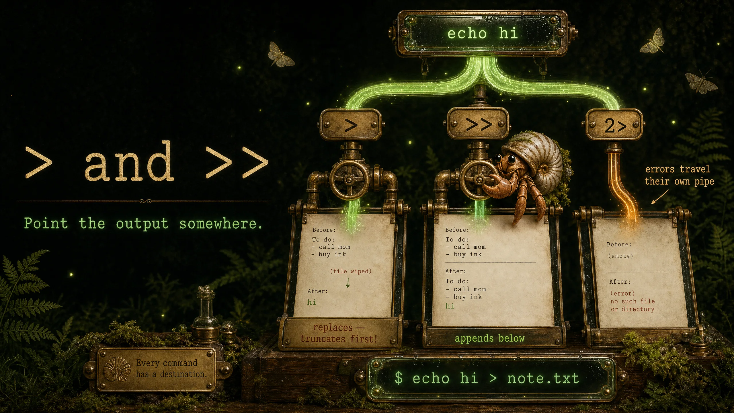 Redirection — sending a command's output into a file with > and >>