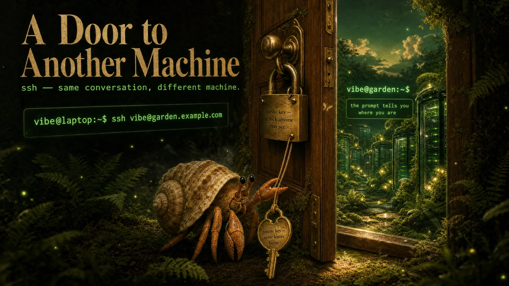 A freestanding door in a forest, open onto a distant glowing server-garden, with a padlock and key