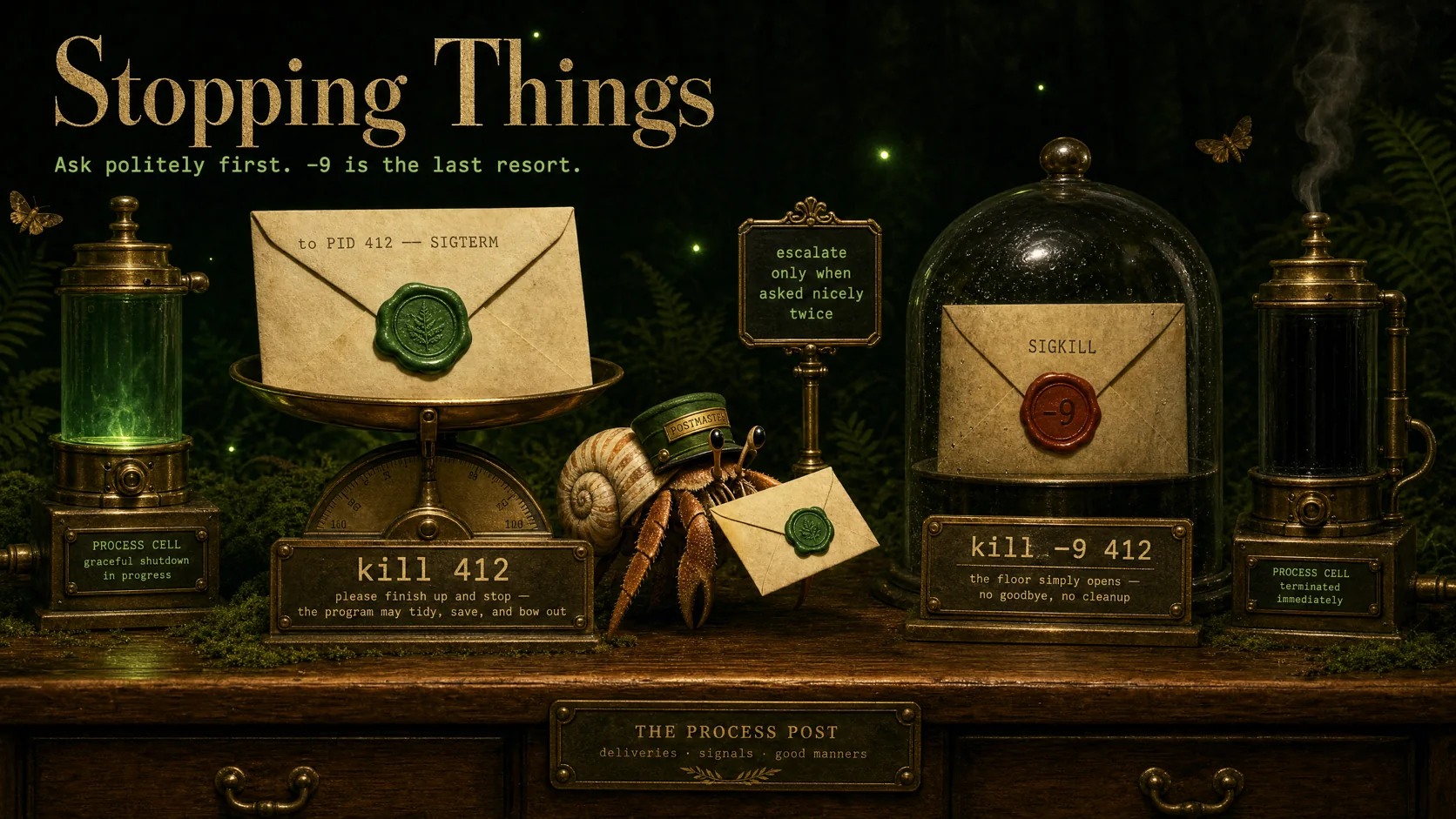 A green-wax SIGTERM letter on a brass scale beside a red-wax SIGKILL envelope under glass