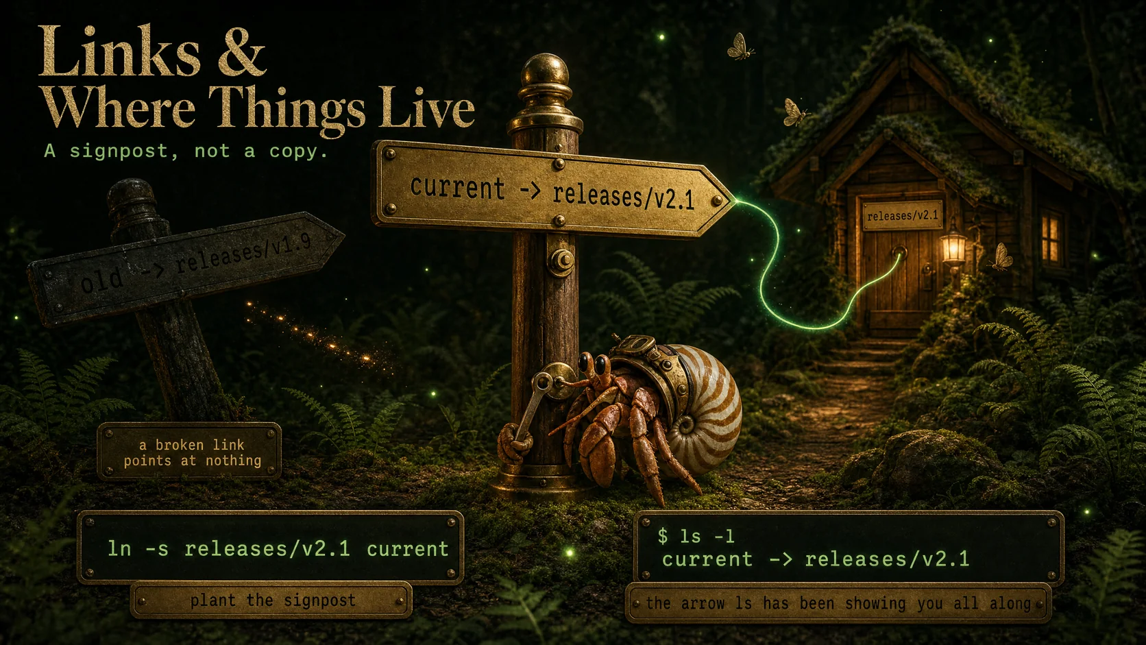 A brass signpost reading current -> releases/v2.1 pointing at a lit cabin, beside a dark broken signpost