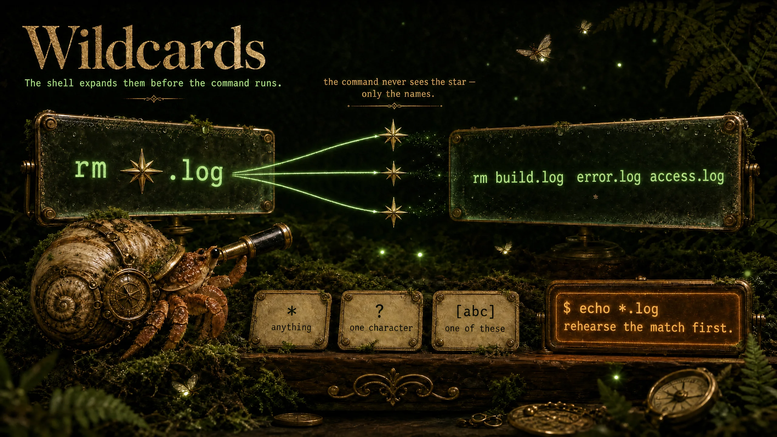 Wildcards — one pattern matching many filenames